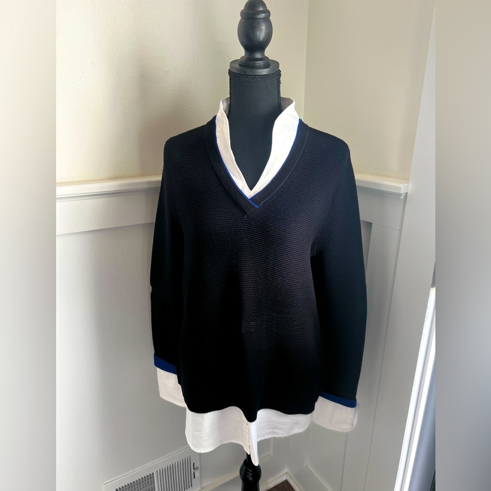 Foxcroft Tunic Sweater ~ Black Ribbed w/Blue Trim, White layered shirt ~ Small